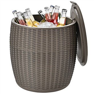 9.5 Gallon 4-hauv-1 Patio Rattan Txias Bar Cocktail Rooj Sab Rooj Dub