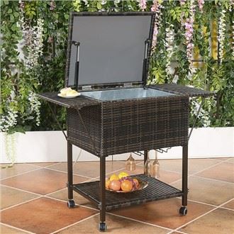 Portable Rattan Cooler Cart Trolley Sab nraum zoov Patio Pas Dej Party Ice Drink Mix Brown